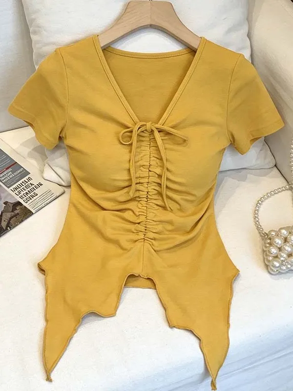 

plus Size Summer Sexy Pure Desire Women's T-Shirt Drawstring Pleated Slimming Short Sleeve Korean Fashion plus Size Clothes