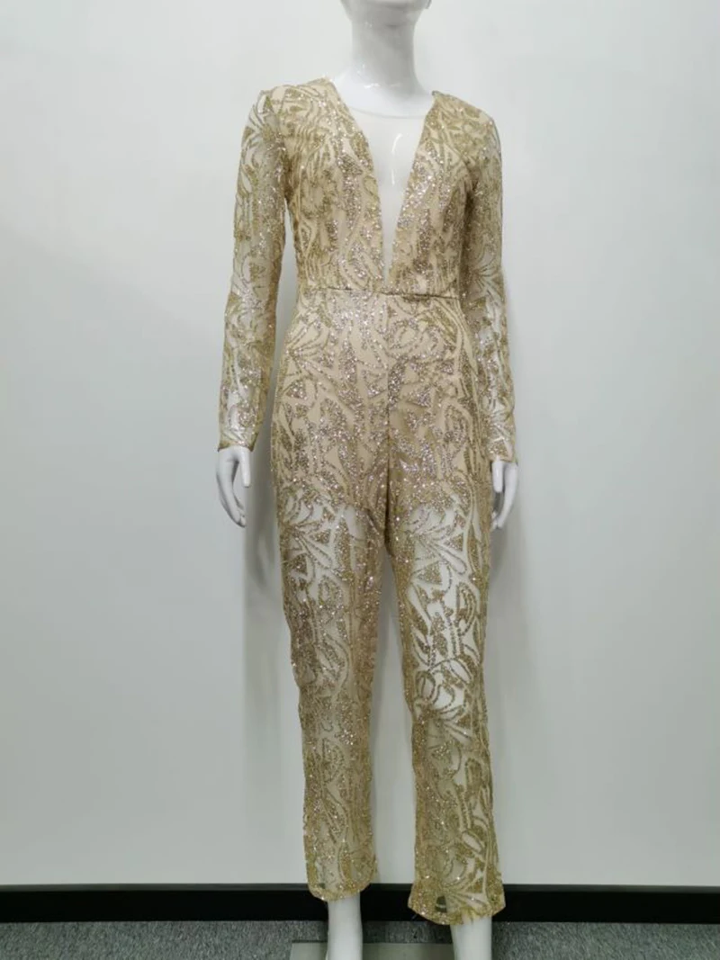 Elegante Gouden Pailletten Slanke Sexy Vrouwen Jumpsuit Sparkle Diepe V-hals Schede Avondjurk Fashion Gliter Lange Mouwen Pary Jurken