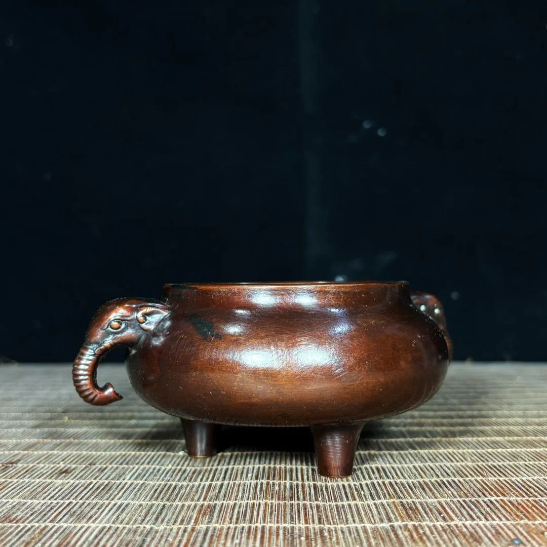 Antique brass gilt three-legged double elephant ear cornucopia line incense burner home Buddhist hall offering ornaments 16 cm