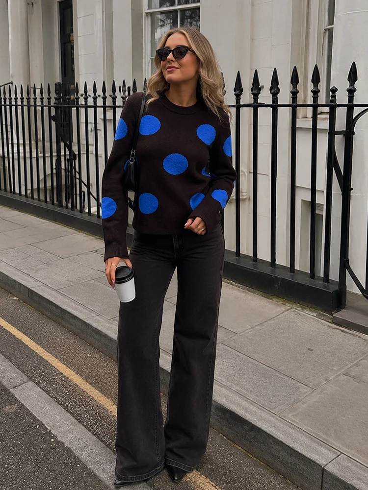 HH Women Autumn Contrast Big Polka Dot Knitwear Round Neck Long Sleeve Soft Knit Pullover Retro Casual Daily Business Outfit