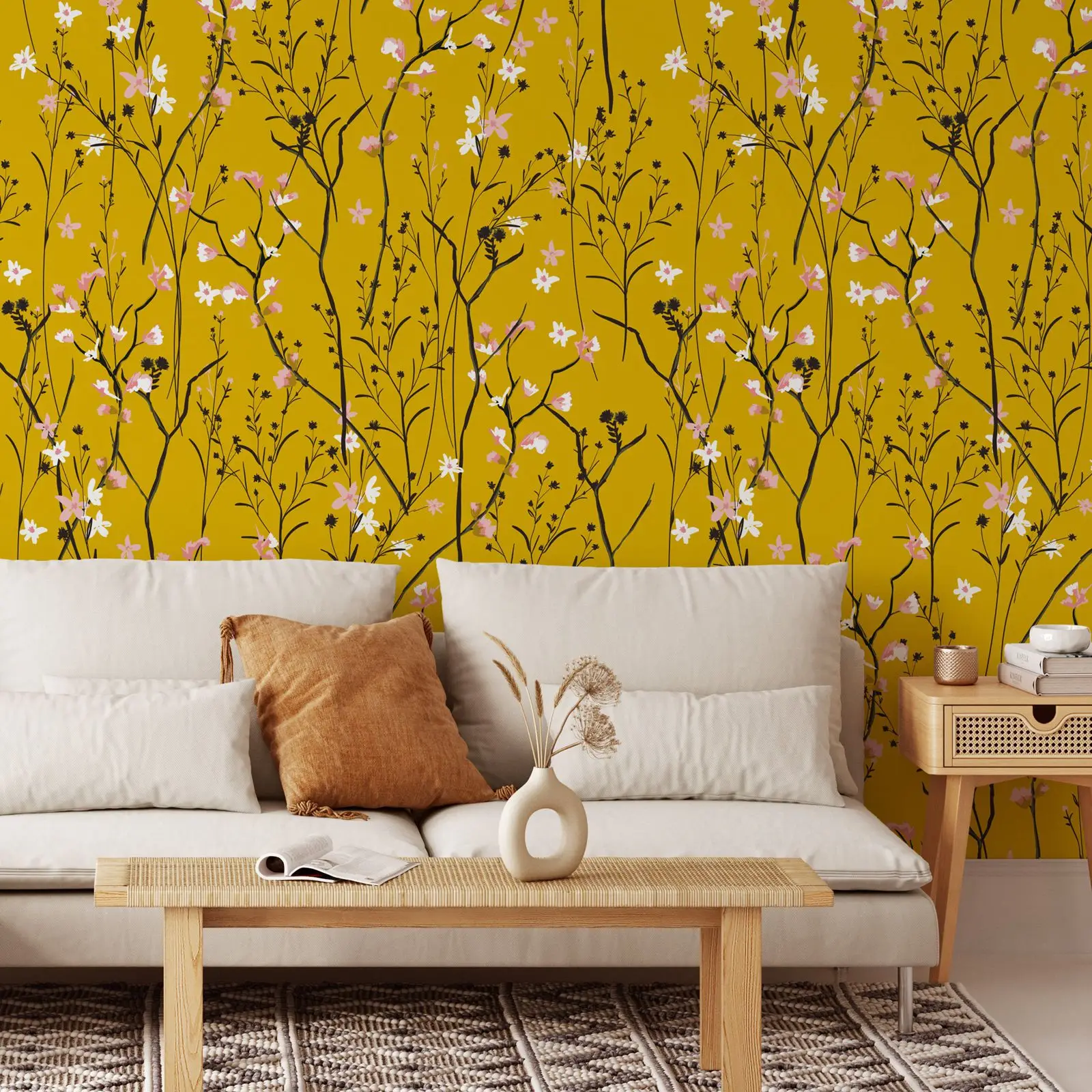 Vintage Floral Wallpaper Peel and Stick,Yellow Flower Design Wall Mural For Room Decoration, Self-adhesive Or Traditional Papers