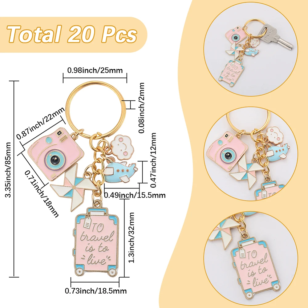 1 Box 10 Sets Travel Themed Keychains Bulk Airplane Key Chain Pack Cute Pink Enamel Metal Journey Pilot Camera Luggage Charms