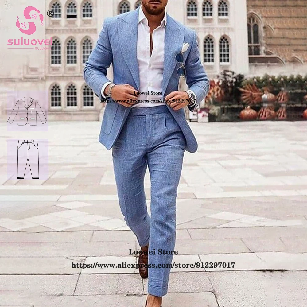 

Fashion Linen Slim Fit Suits For Men Business 2 Piece Pants Set Formal Groom Wedding Dinner Prom Tuxedo Traje De Hombre Elegante