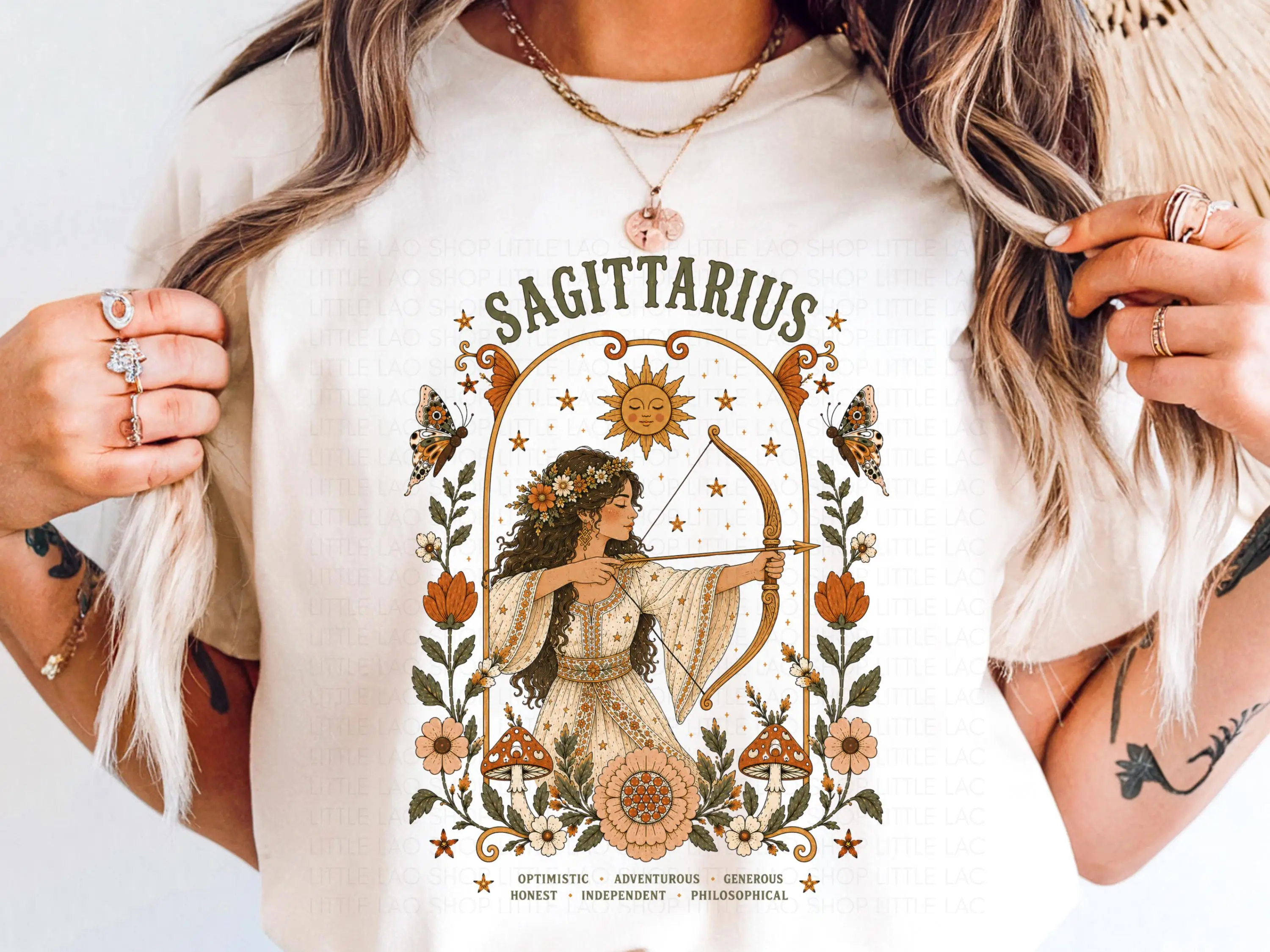 Sagittarius Zodiac Shirt, Boho Celestial Astrology Tee, Vintage Folk Art Horoscope Gift, Archer Birthday T-shirt