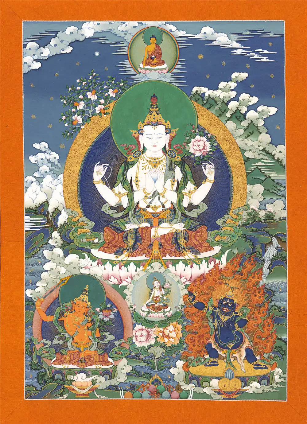 Chenrezig Thangka (and Manjusri, Vajrapani),Gandhanra Tibetan Buddhist Thangka Art,Giclee Printed and Hand Framed,47