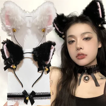 Moda Tilki Kedi Kulak saç bandı Popüler Peluş Kedi Kulak Bandı Siyah Beyaz Yumuşak Hairband Bells ile Parti Cosplay saç aksesuarları