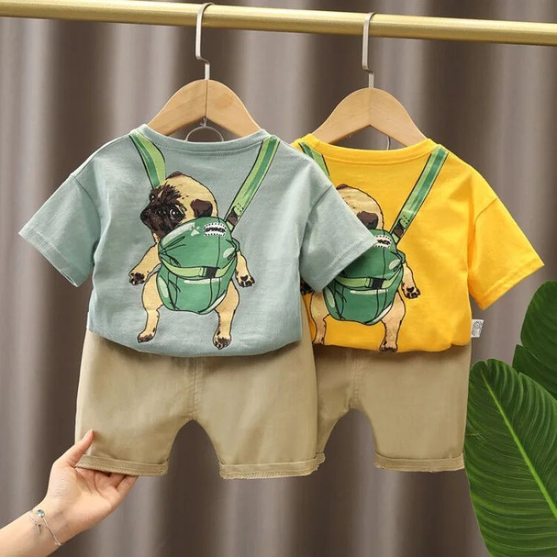 

Boys Clothing Summer 2023 New Short Sleeve Round Neck Cartoon Pattern Printed Cotton Fashion Casual Trend Pullover Two Pieces