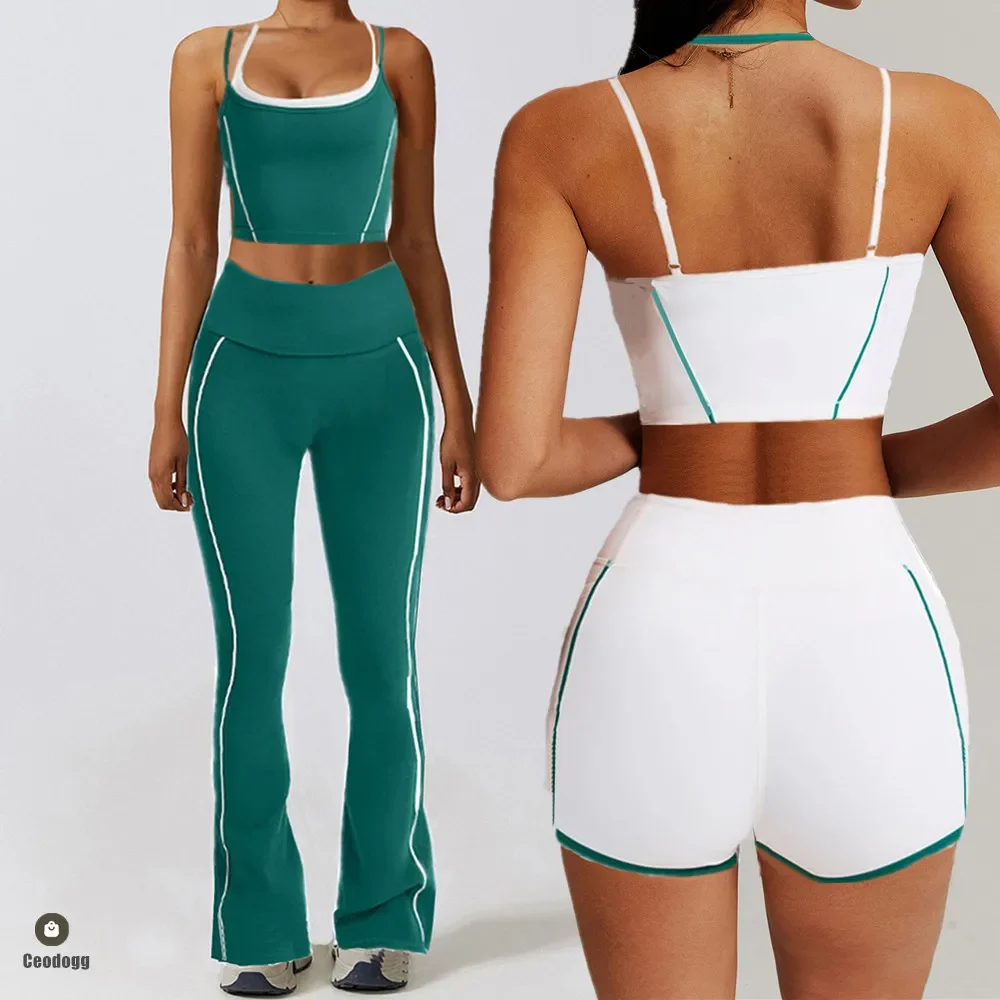 1/2PCS Women Gym Yoga Suit Tight Fitting Sports Set Workout Breathable T Shirts Bra Short Sleeve Crop Top Bell-bottoms Leggings