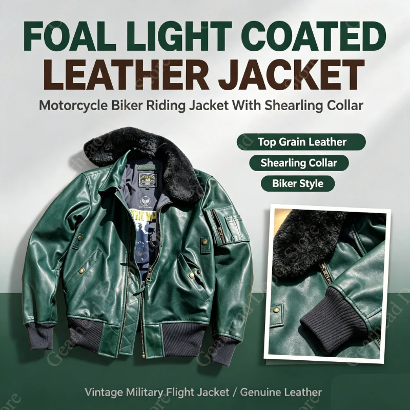 Men Vintage Foal Light Coated First Layer Genuine Leather Double Breasted Waist Belt Windbreaker Motorcycle Riding Biker Coat