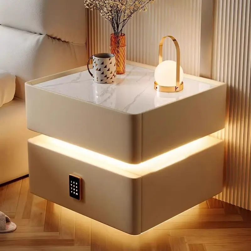 Smart bedside table suspended bedroom all solid wood light luxury high sense simple modern Internet celebrity sensor light