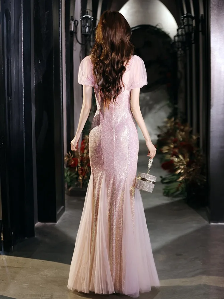 Fish-tail light luxury niche haute couture toasting host adult pink dress view 5