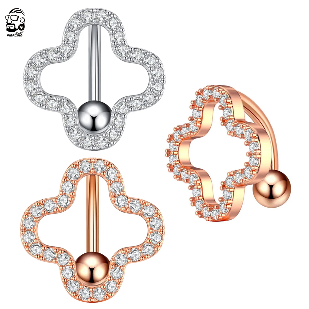 1 pièce Piercing de nombril fantaisie en acier inoxydable, motif arc inversé, trèfle à quatre feuilles, étoile, lune, fleur pendante