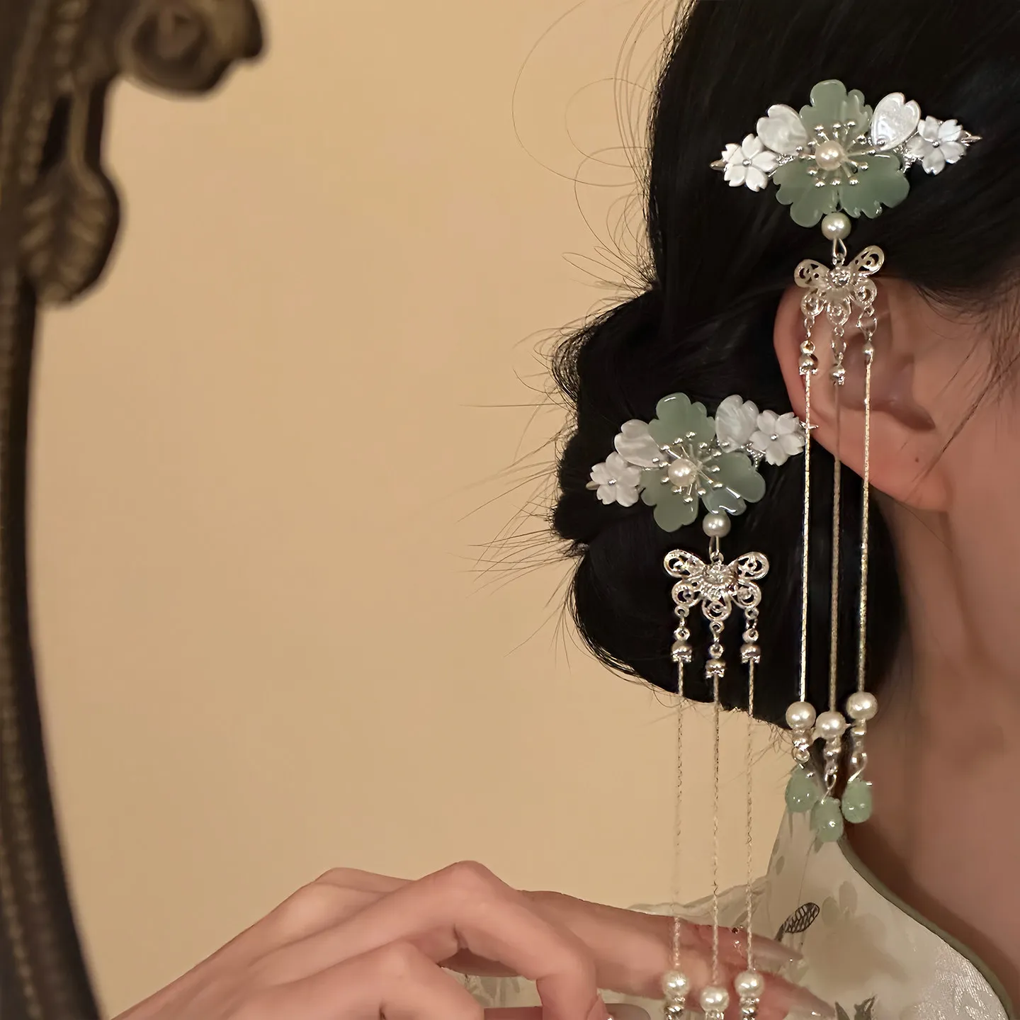 Vintage Chinese Style Hanfu Flower Tassel Hair Clip Faux Pearl Imitation Jade Side Hairpin For Women Cheongsam Cosplay Party Dai