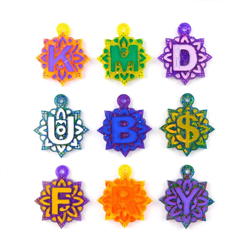 

26One Letter MolddiyEpoxy Mold Decorative Key Chain Lace Pattern with Hole Pendant Silicone Mold