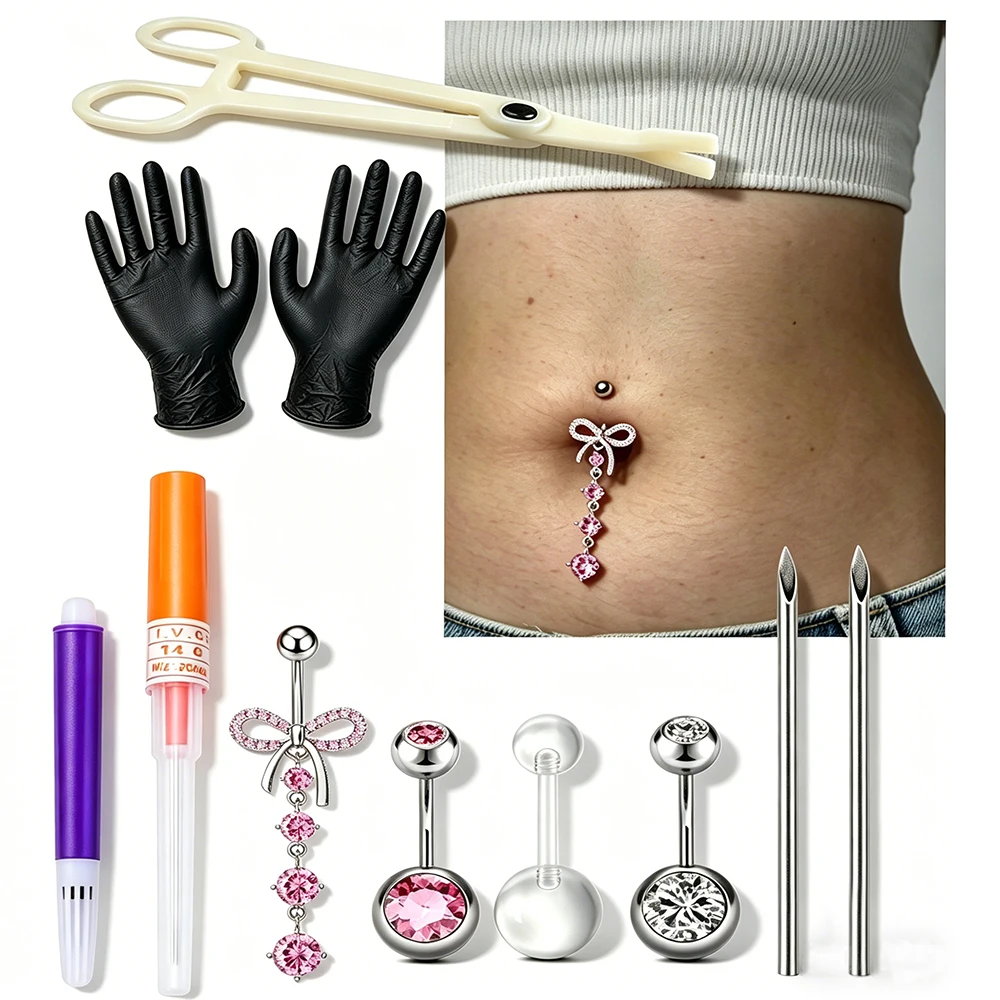 Belly Piercing Kit 8Pcs Belly Button Piercing Kit Includes 14G Belly Button Rings Piercing Clamp 14G Piercing Needles