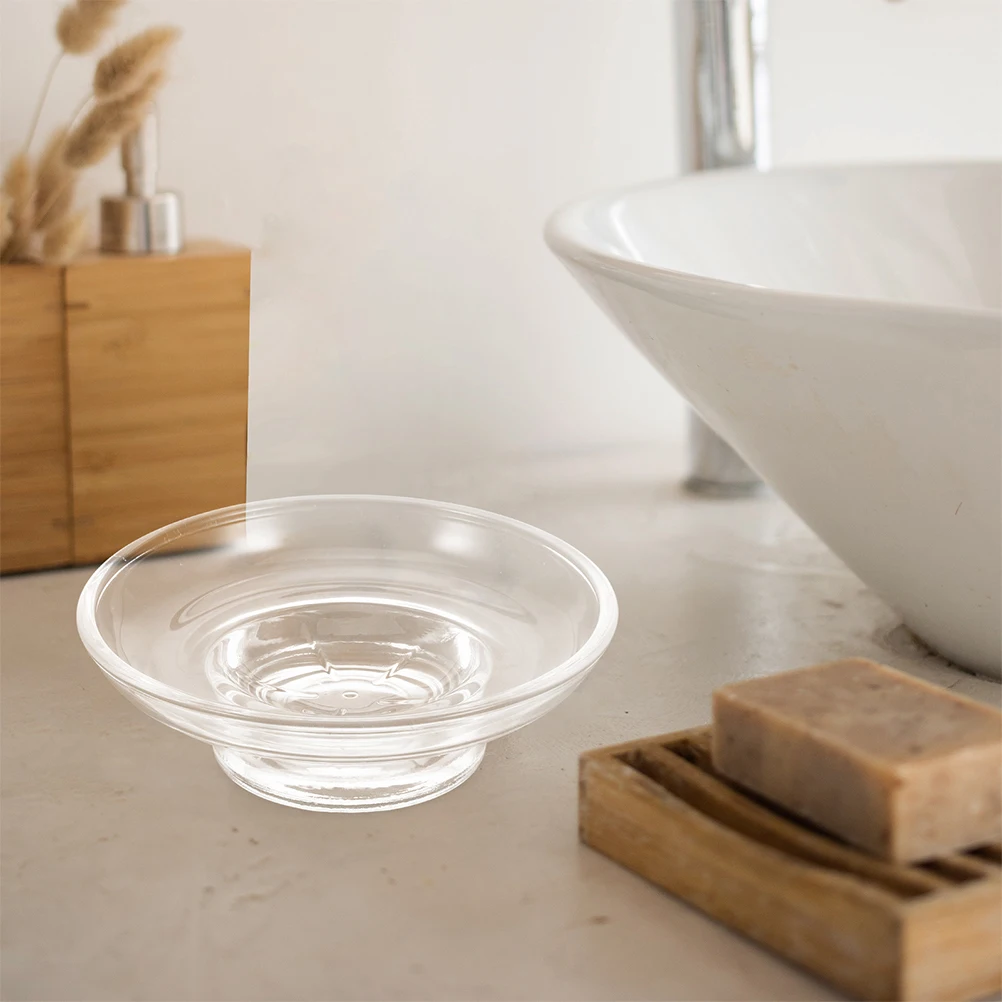 

Glass Soap Dish Clear Holder Small Bar Round Tray Container Self Draining Nonslip Base Easy Clean Versatile Use Bathroom Kitchen