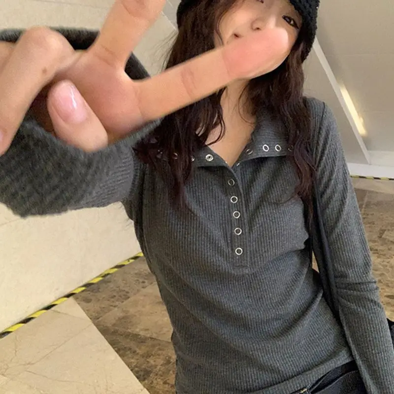 

Women's T-Shirt Outerwear Button up Fresh Sweet Style Slim Fit Long Sleeve Base Tee Inner Wear Polyester Fiber Pure Color