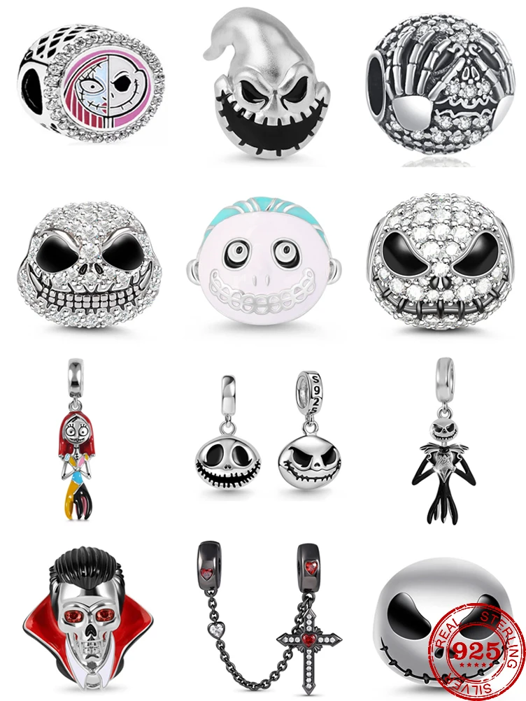 Fashion 925 Silver Charm Skeleton Bead Halloween Easter Pendant safety chain Fit Original Pandora Bracelet DIY women Dangle Gift