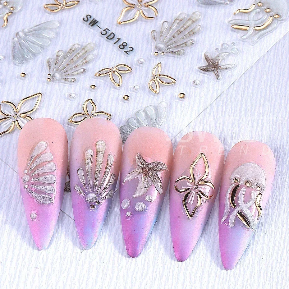1PC Summer Sea Starfish 5D Embossed Nail Art Sticker Engraved Beach Ocean Animals Decals Nail Supplies DIY Manicure Decoration