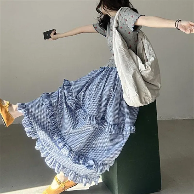 Korean Fashion Vintage Blue Plaid Multilayer Ruffles Maxi Cake Skirt High Waist A-line Loose Casual Pleated Long Skirt for Women