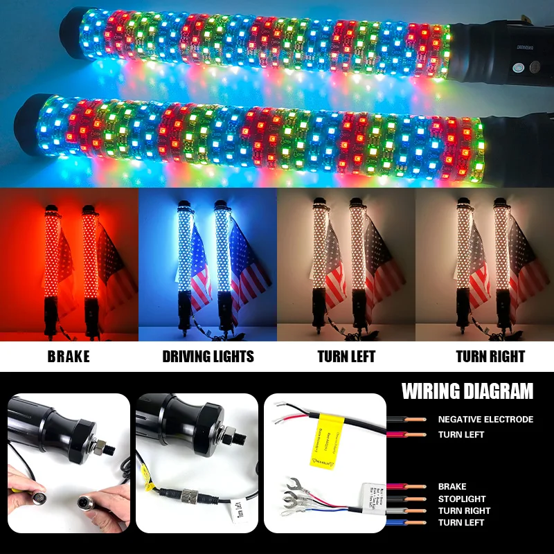 2 uds 2 pies luces LED de látigo en espiral de colores gordos látigos de antena de asta de bandera de Control remoto Bluetooth, para UTV, ATV, todoterreno, camión, RZR