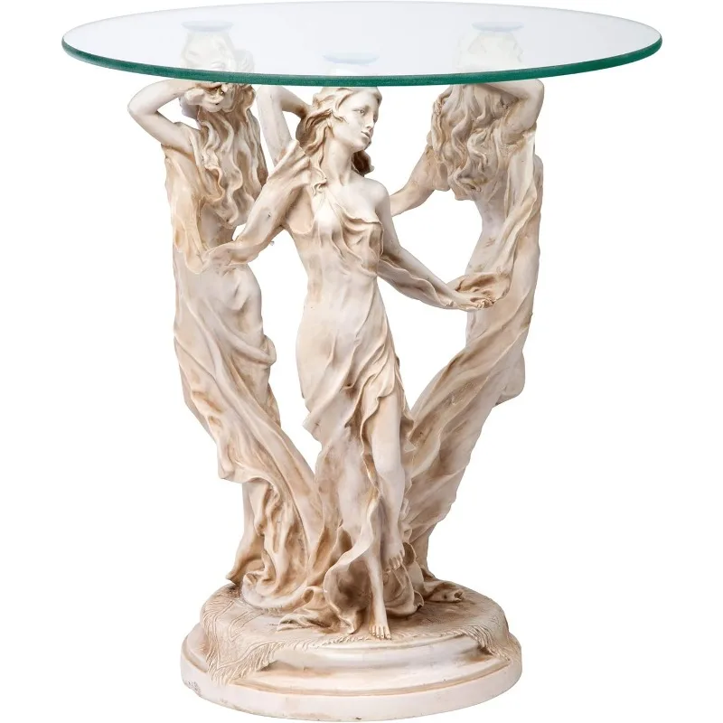 Mesa lateral clássica com tampa de vidro The Greans Muses, polegadas de largura, polegadas de profundidade, polegadas de altura, poliresina artesanal, acabamento em pedra antiga