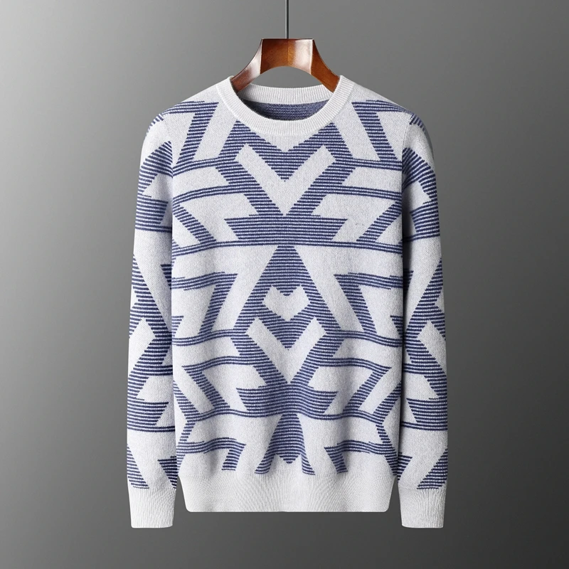 

New Jacquard Thickened 100% Pure Cashmere Sweater Men's Round Neck Knitted Loose Business Casual Base Sweater