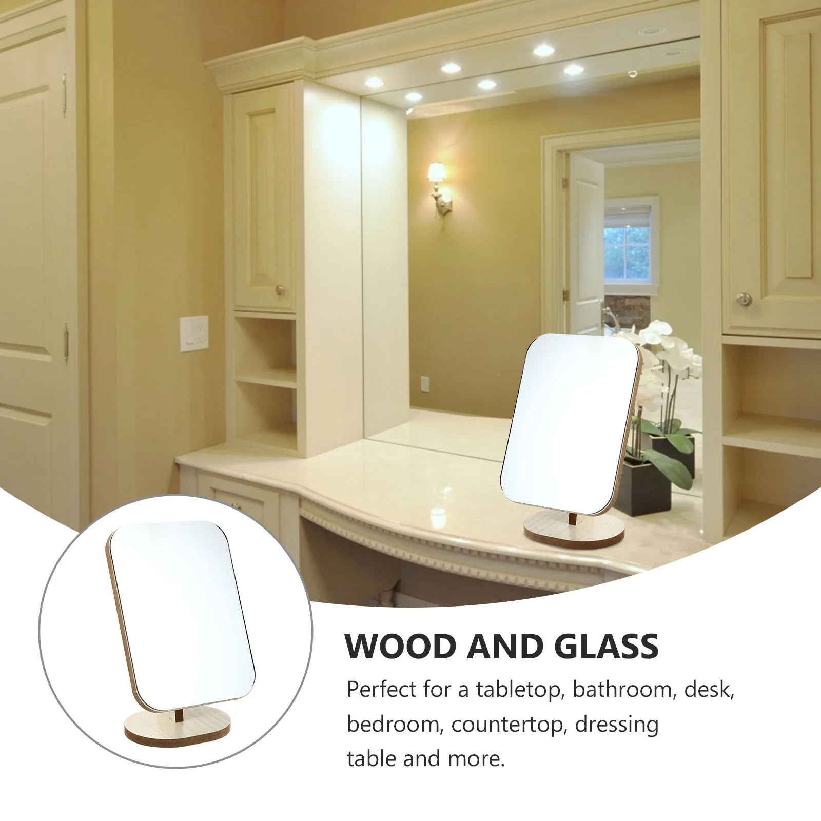 

Rotating Mobile Makeup Mirror Wooden Desktop Vanity Mirrors Portable Tabletop Beauty Travel Smooth Surface Practical Durability