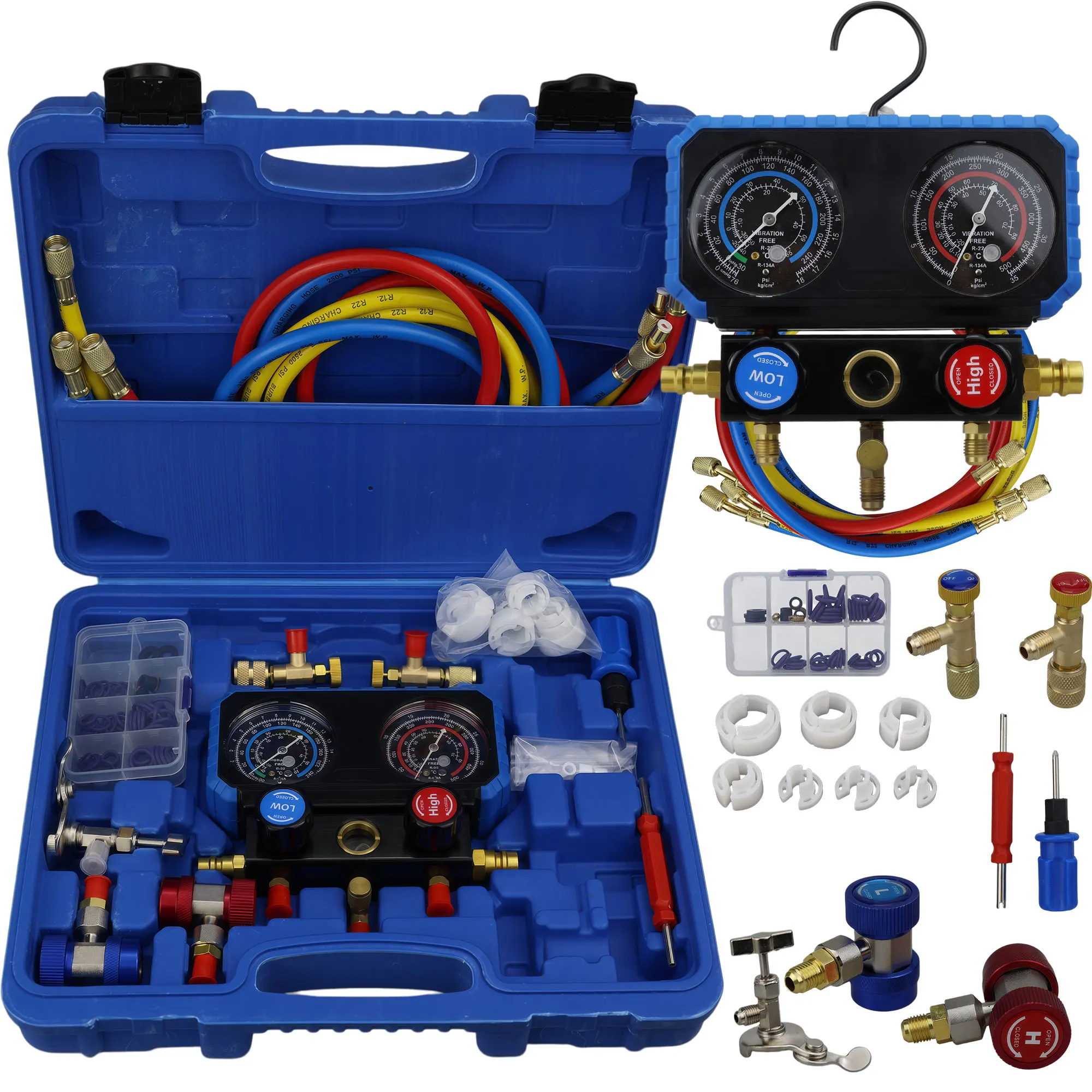 

Shipping 3-Way AC Manifold Gauge Set for R134a R22 Automotive Freon Recharge Kit with Hoses Couplers Can Tap