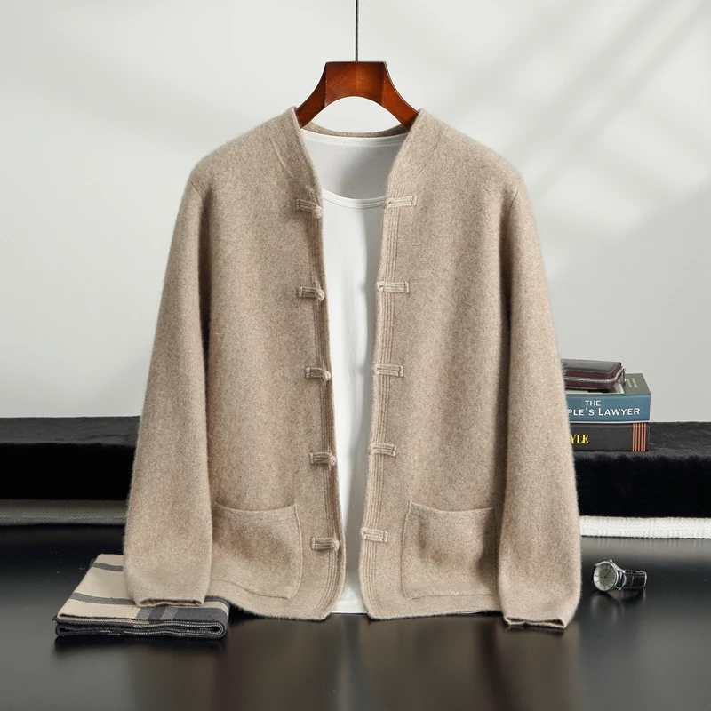 

Мужской кардиган на пуговицах в китайском стиле, осень-зима, 100% кашемировый трикотаж, однотонный свитер в стиле ретро, повседневный классический универсальный
