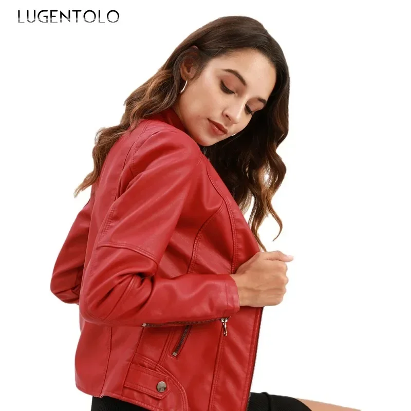 Veste en Faux cuir PU pour femmes, manteau chaud coupe-vent, mode couleur unie, col montant, Slim, fermeture éclair, Cardigan de motard disponible 4XL, 2025
