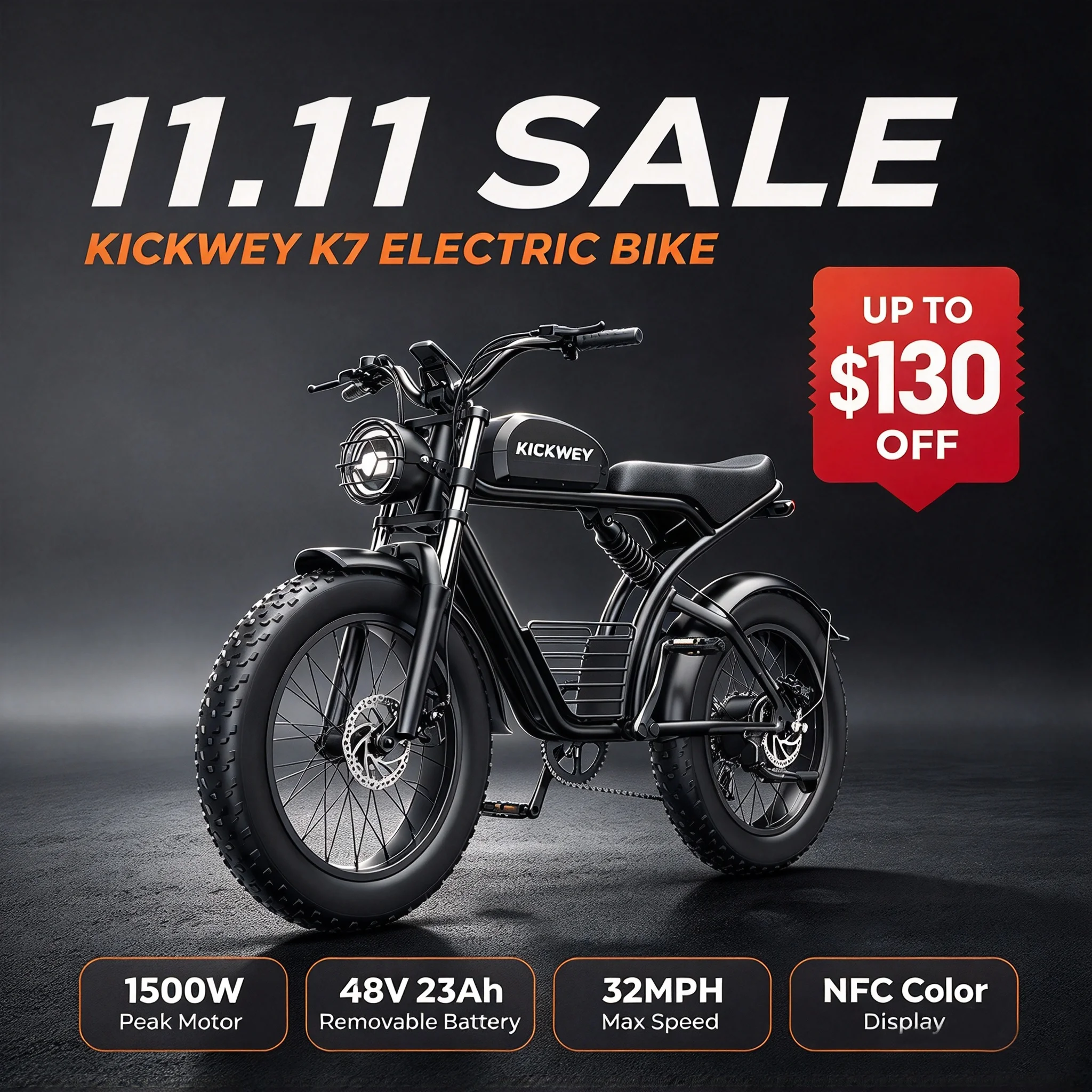 Kickwey K7 Adult Off-Road Ebike, 1500W Peak Motor, 7-Speed Electric Mountain Bicycle, 48V 23Ah Removable Battery, 20