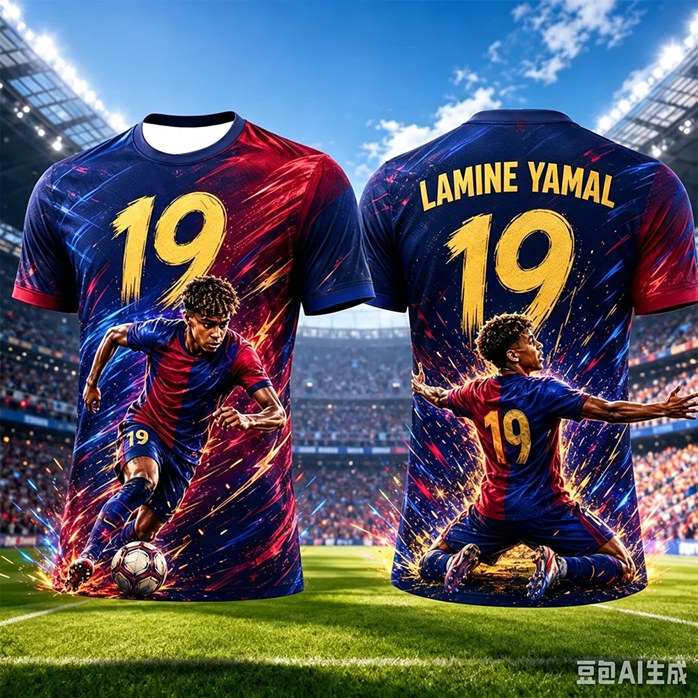 Yamal Nr. 19 Fußball 3D-gedrucktes Trikot mit Spezialeffekten, Sternenporträt, schnell trocknendes Sport-Kurzarmshirt – Detail 5