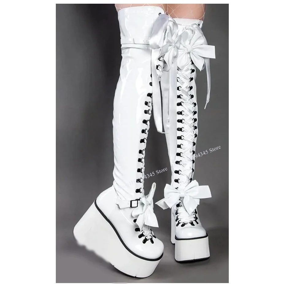 

White Lace Up Bow Knot Wedge Boots Over Knee High Platform Fashion Sexy Cool 2024 Winter Big Size Woman Shoes Zapatillas Mujer