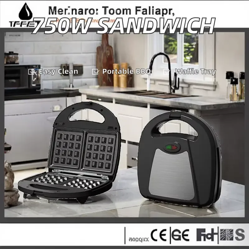 750W Breakfast Sandwich Maker Black Multipurpose Toaster High Quality Hot Sale Power Supply for Quick Meal Preparation