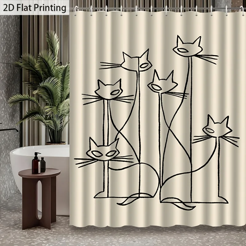 2D Flat, 1pc 2D Flat Shower Curtain with Hooks, Line Art Cat Pattern, Machine Washable, High-End Elegant Bathroom Curtain, Showe
