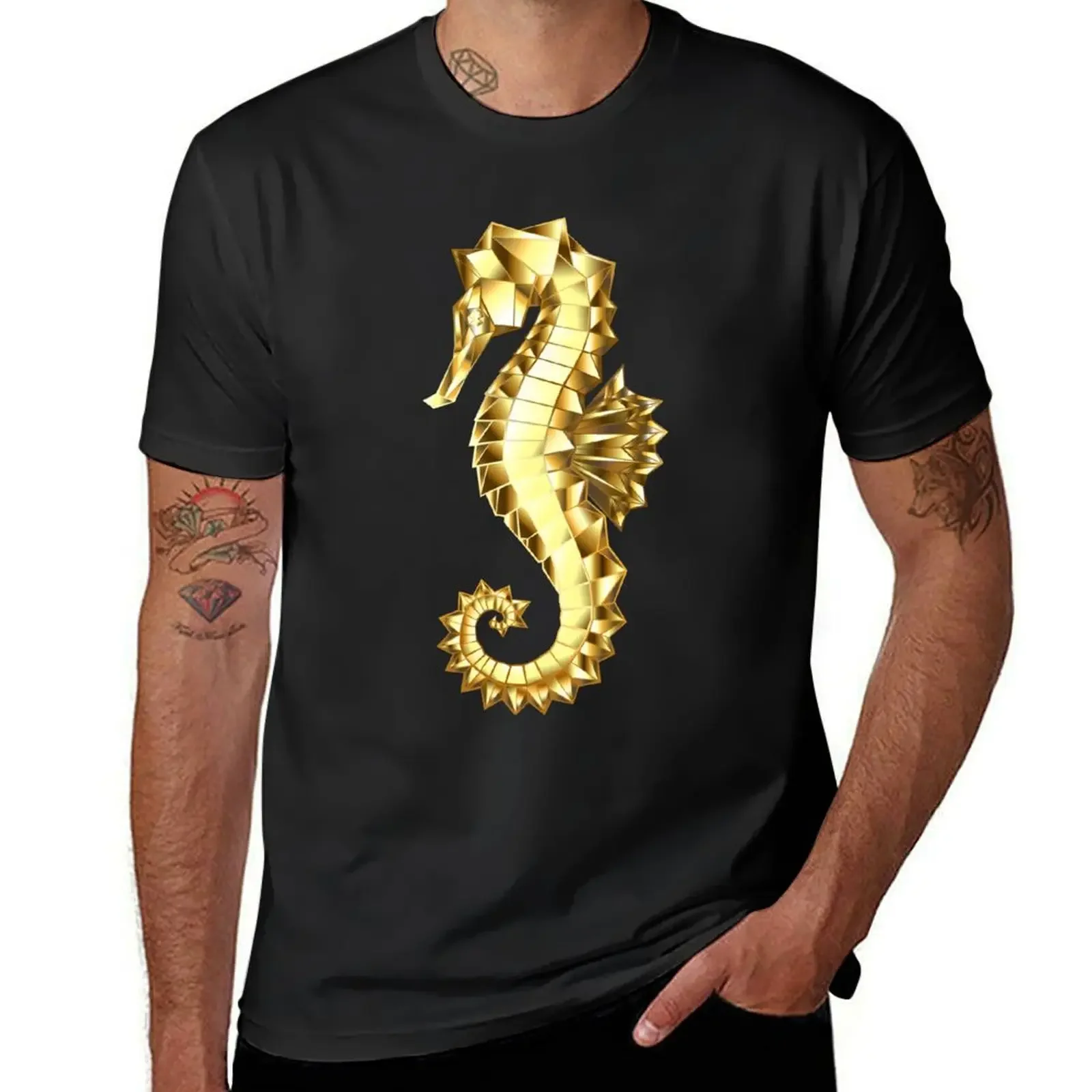 Gold Polygonal Seahorse T-Shirt vintage clothes blacks mens t shirts casual stylish