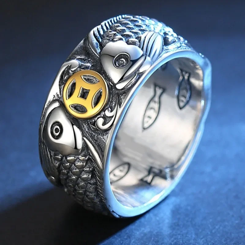 Classic Retro domineering Craftsm Charm Wide Ring silver 925 Golden Dragon Fish Copper Coin mens rings Banquet Jewelry Gift