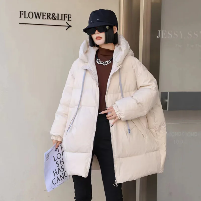 Women's Winter Top Coat Down Jacket White Duck Down Hooded Zipper Medium Length Large Thick Warm Simple Casual Versatile Skinny