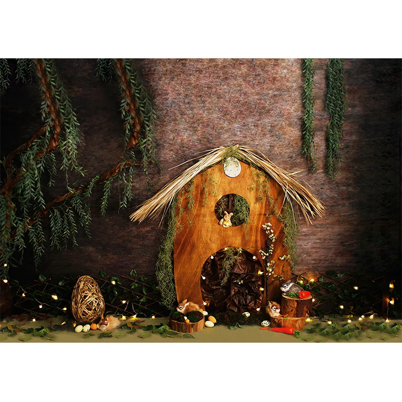 บ้านต้นไม้ในป่าอีสเตอร์ตุ๊กตารถบัสกระต่ายฉากหลังถ่ายภาพพื้นหลังสำหรับไปปิกนิกดอกไม้พื้นหลังสำหรับถ่ายภาพบุคคลในสตูดิโอถ่ายภาพ