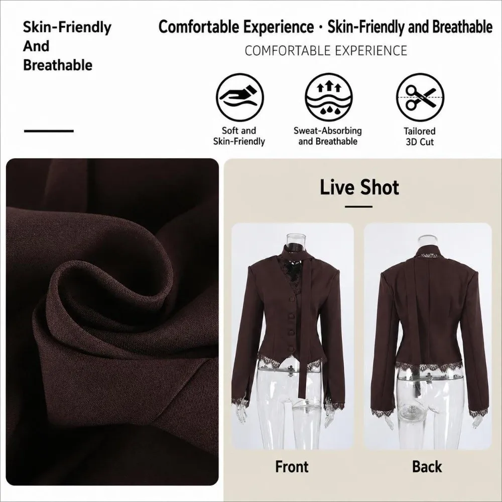 New V Neck Women Lace Blazer Waist Taper White Tone Suit Outerwear Lace Weave Fall Season Ladies Suit Jacket Daily Outing