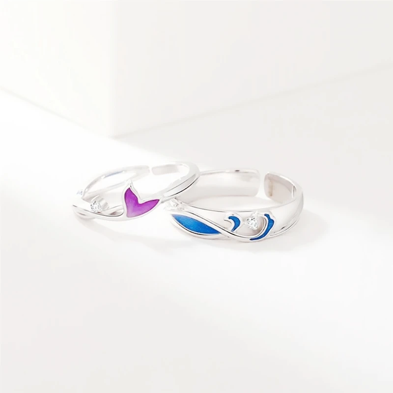 Color Drip Glaze Wave Fish Tail Couple Gift 925 Sterling Silver Female Resizable Opening Rings RI966