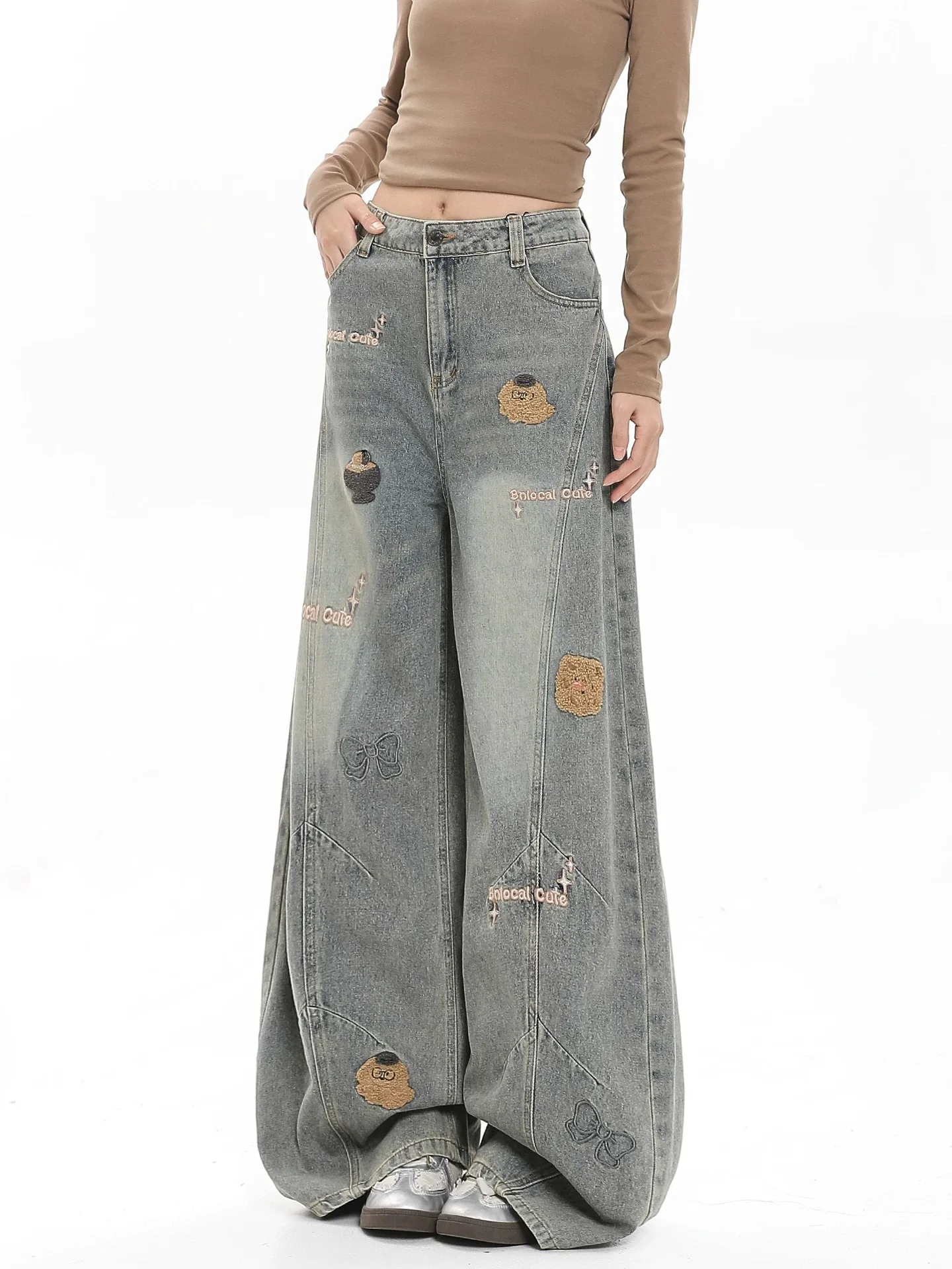 Y2K Embroidered Jeans Cartoon Washed Retro Wide Leg Loose Long Pants for Women Spring Autumn