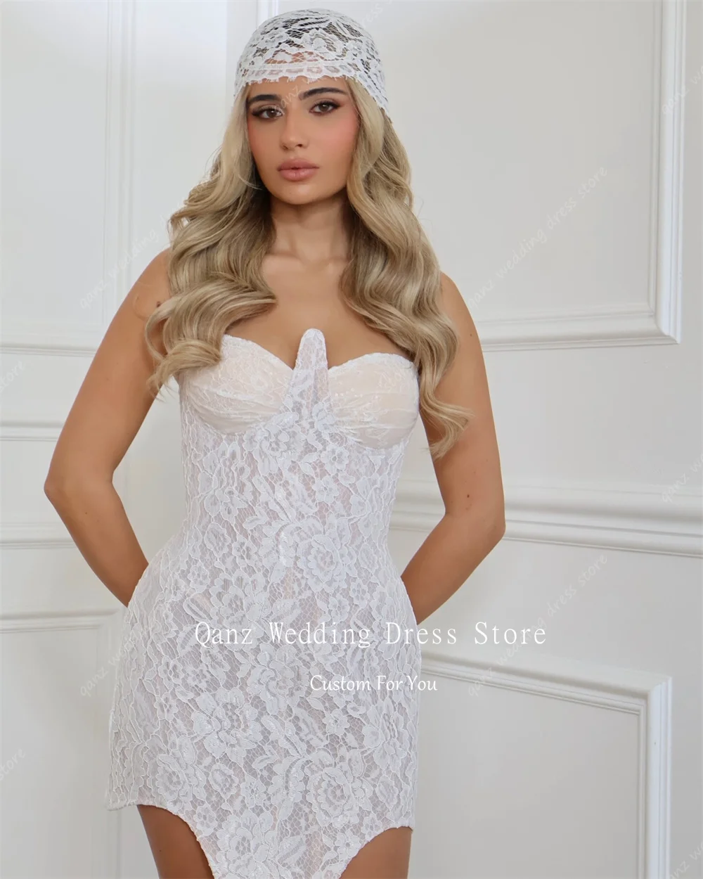 Qanz ミニウェディングドレス レースアップリケ スパンコール付き スウィートハート ショート セクシー 女性用 ウェディングドレス カスタマイズ可能