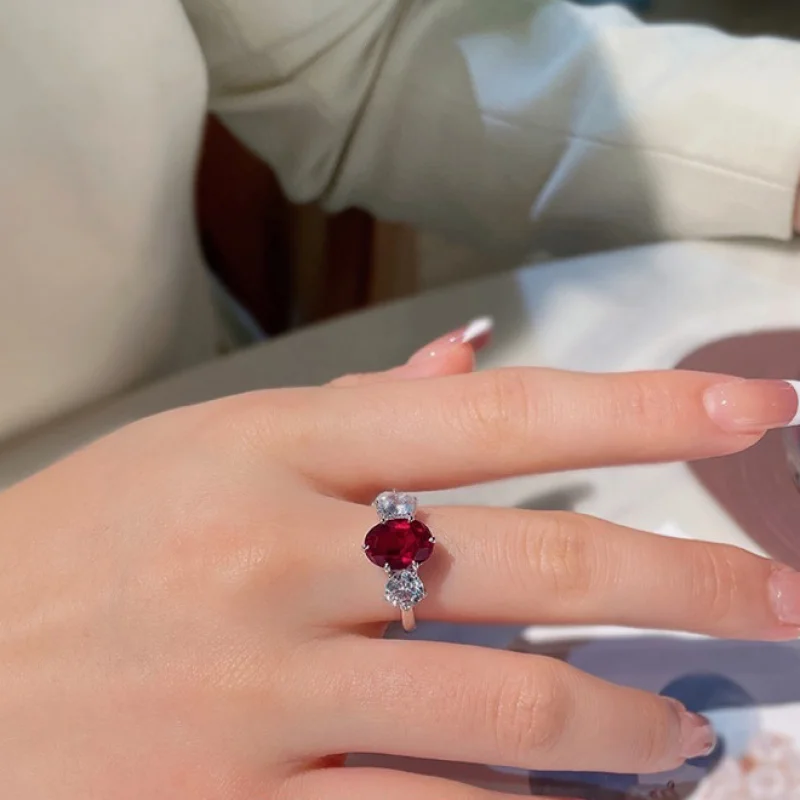 Red Corundum Fluorescent Color-Changing Light Luxury Fashion Open Ring Inlaid Versatile Daily Niche Simple Sweet