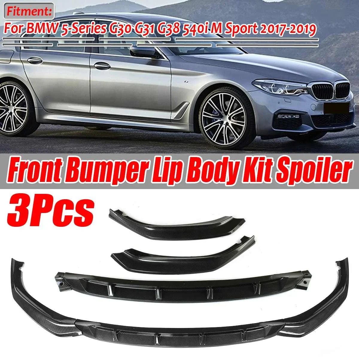 

New 3pc Car Front Bumper Lip Splitter Diffuser Spoiler Bumper Guard Protector For BMW 5-Series G30 G31 G38 540i M Sport Body Kit