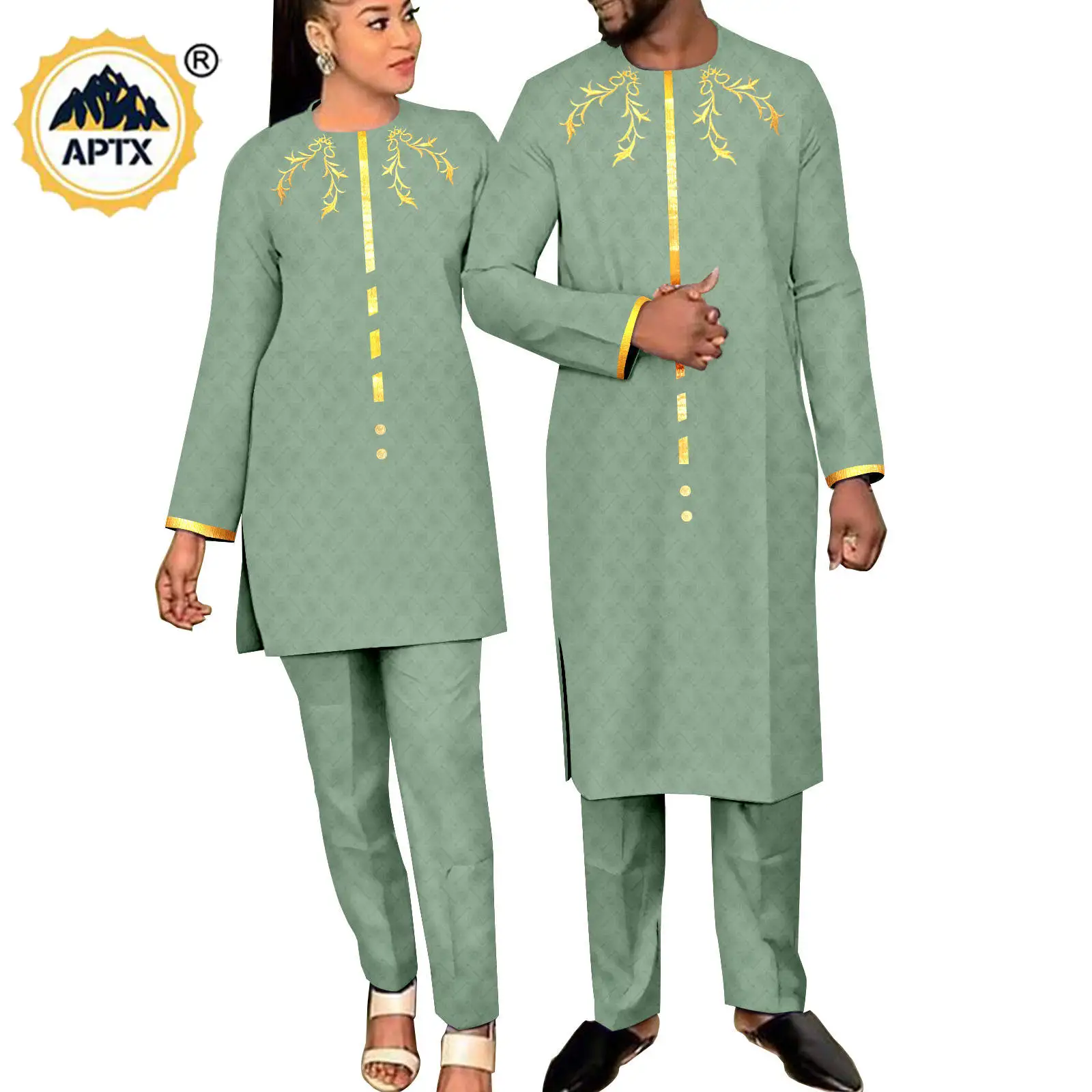 

African Matching Outfit for Couples Men Clothes Kaftan Bazin Riche Women Long Top and Pant Sets Agbada Wedding Wear Y23C037