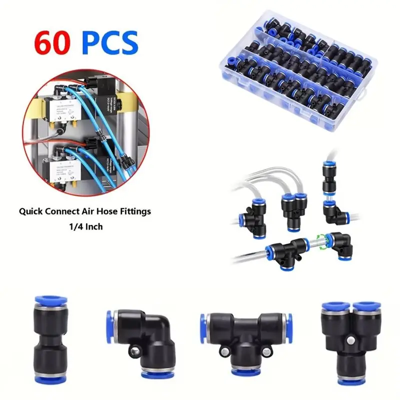 A74U Universal Quick Release Pneumatic Push To Connect Fittings Kit-1/4 Inch OD(60Pcs) Plastic Air Hose Fittings With 15 Spl