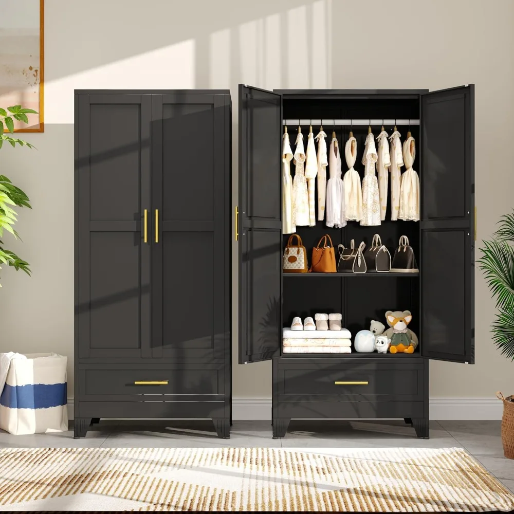 

Metal Armoire Wardrobe Closet with Drawers,Storage Cabinet with Hanging Rod,71'' Metal Wardrobe Cabinet with 2 Doors and Adjusta