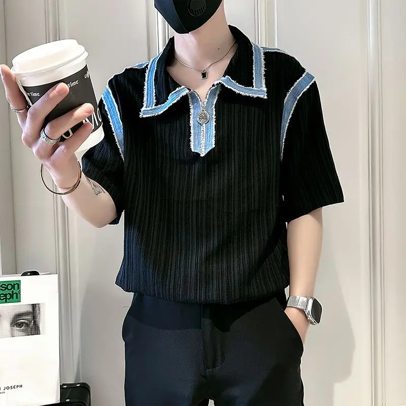 Summer Hit Color Spliced Men Short Sleeve Polo Zipper Sweatshirt Korean Fashion Business Casual All-match 2xl Oversized Clothing